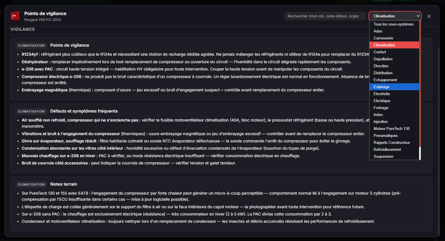 Vue des Points de vigilance IRIS — défauts connus et symptômes fréquents par sous-système