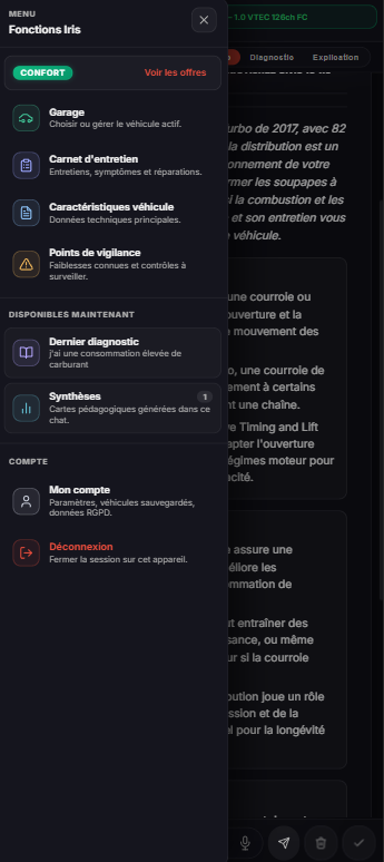 IRIS sur smartphone — navigation entre les fonctions